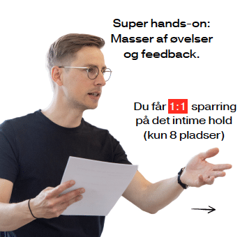 På billedet står Simon Linde og underviser. Der står skrevet følgende: "Super hands-on: Masser af øvelser og feedback"